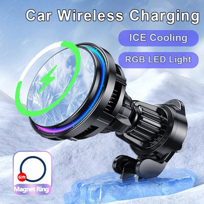 15W Ice Cooling Magnetic Wireless Car Charger For iPhone 16 15 14 13 12 Pro Max MacSafe Car Phone Holder - 