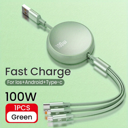 3 in 1 Retractable USB Charging Cable, 6A 100W Fast Charge