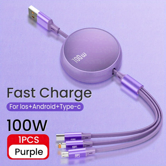 3 in 1 Retractable USB Charging Cable, 6A 100W Fast Charge