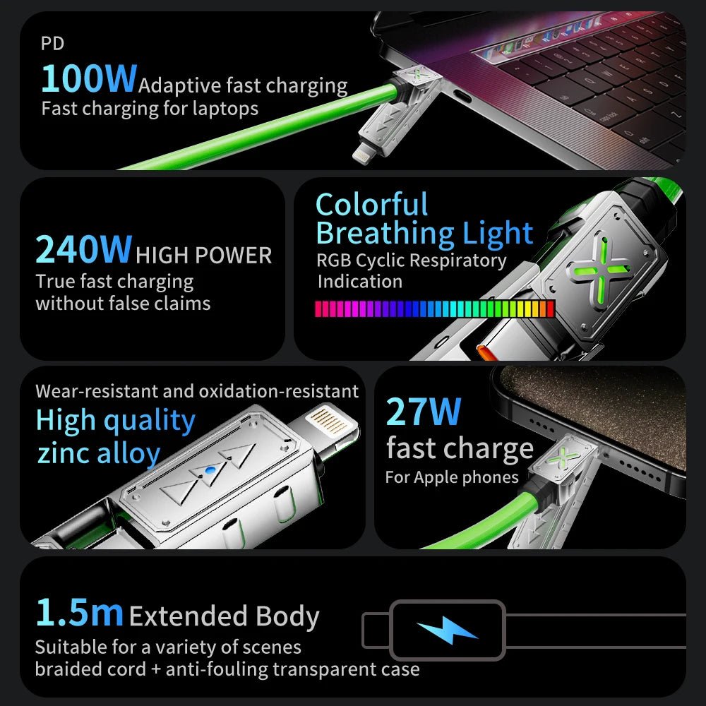 240W 4 - in - 1 Super Fast Charging Data Cable USB - C To Type - C Zinc Alloy Cable for Samsung Xiaomi Iphone - 