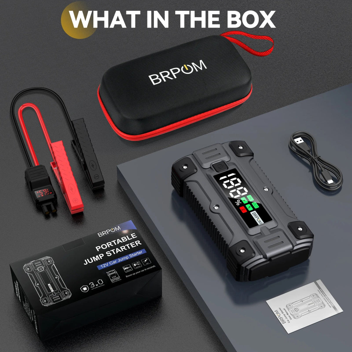  5000A car jump starter connected to truck battery on roadside | 26800mAh portable power bank charging phone and tablet via USB ports | compact 12V jump starter stored in car trunk for emergencies | built-in LED flashlight on jump starter used during night breakdown | multi-output ports on jump starter including USB-A, USB-C, and DC | charging GPS device from 12V output on power bank | weather-resistant jump starter used in snowy conditions | jump starter displayed with included accessories and carry case |