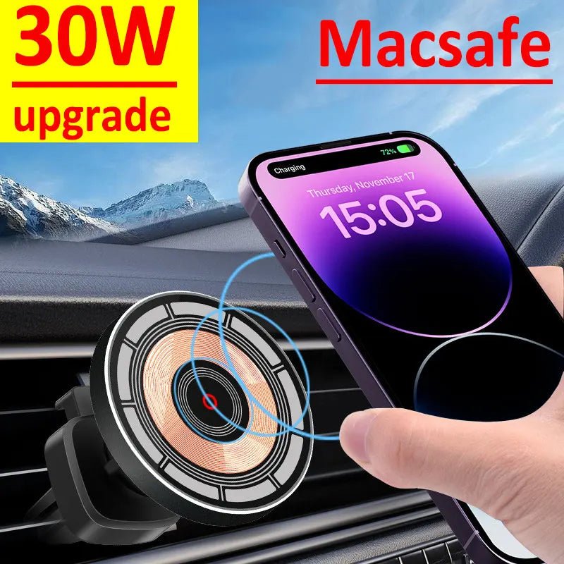 30W Magnetic Car Wireless Charger Phone Holder Stand for iPhone 15 14 13 12 11 Pro Max - 