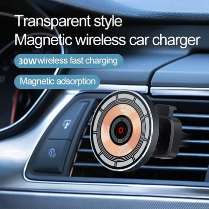 30W Magnetic Car Wireless Charger Phone Holder Stand for iPhone 15 14 13 12 11 Pro Max - 
