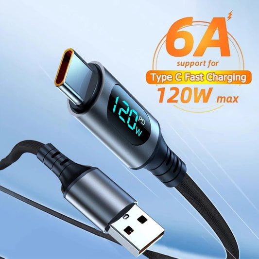 6A 120W USB A To Type C Super Fast Charge Cable With Display - 