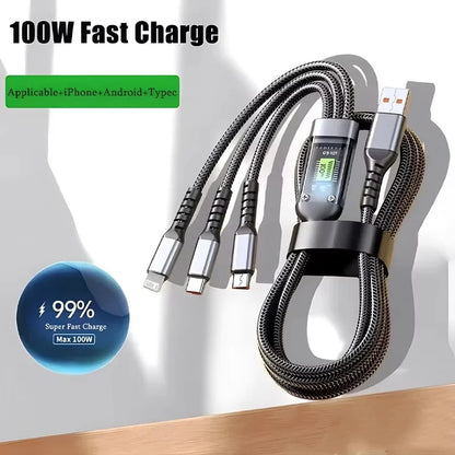 3 In 1 100W Fast Charging Cable with Transparent Pilot Lamp - Type C, Micro USB, Lightning for iPhone, Samsung, Huawei, Xiaomi