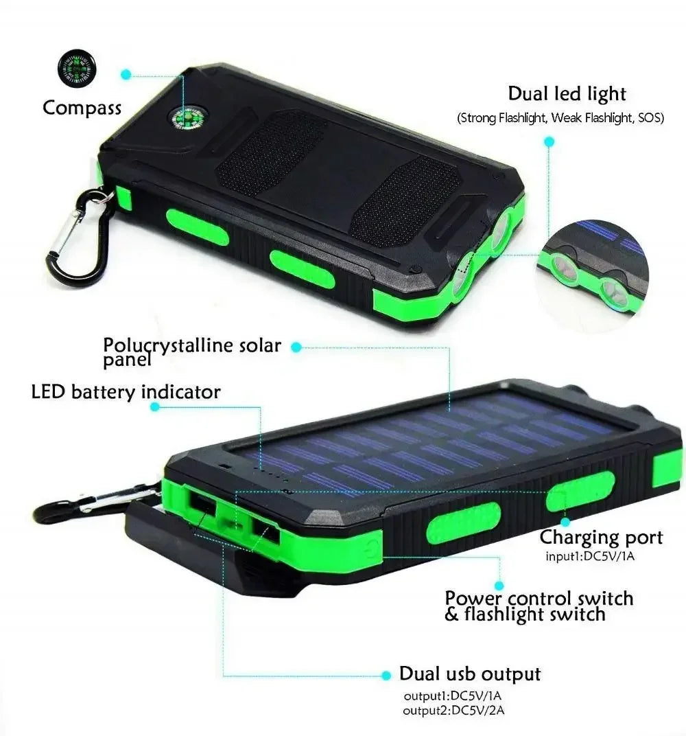 Solar Power Bank 200000mAh Portable LED Light Outdoor Waterproof External USB Charger for iPhone Samsung Xiaomi