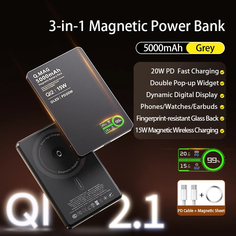 Qi 2.1 Magnetic Power Bank 5000mAh 10000mAh Wireless Fast Charging For iPhone 12 To 17 Pro Watch AirPods 3 In 1 Battery