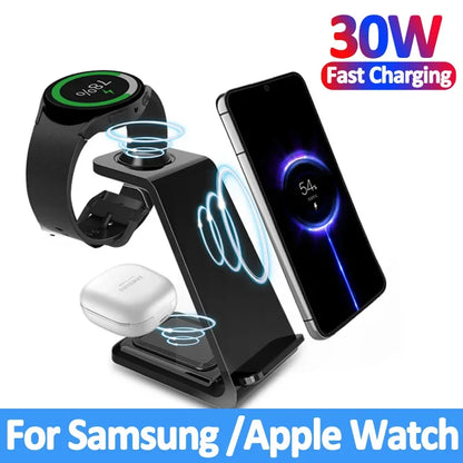 30W Fast Wireless Charging Stand 3 In 1 For IPhone 15 14 13 8 Samsung S20 S21 Galaxy 6 5 Apple Watch 8 7 Earphones