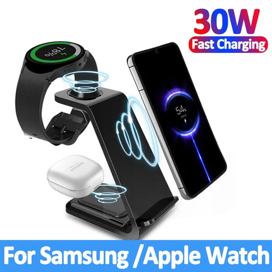 30W Fast Wireless Charging Stand 3 In 1 For IPhone 15 14 13 8 Samsung S20 S21 Galaxy 6 5 Apple Watch 8 7 Earphones