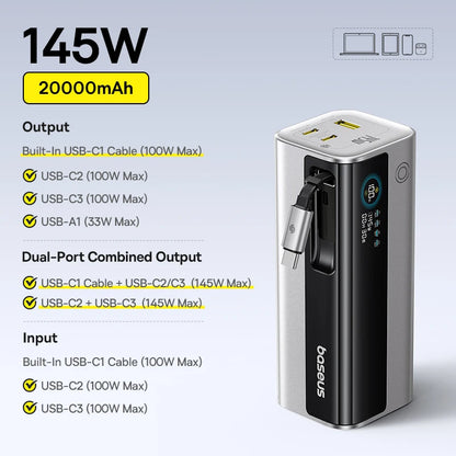 Baseus 145W Power Bank 20800mAh Dual USB A USB C PD 100W Fast Charging Digital Display Portable Charger For Laptop