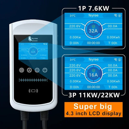 Feyree Type 2 EV Charger 32A 7.6kW Smart Wallbox With 4.3 Inch Screen App Control IP65 3 Phase