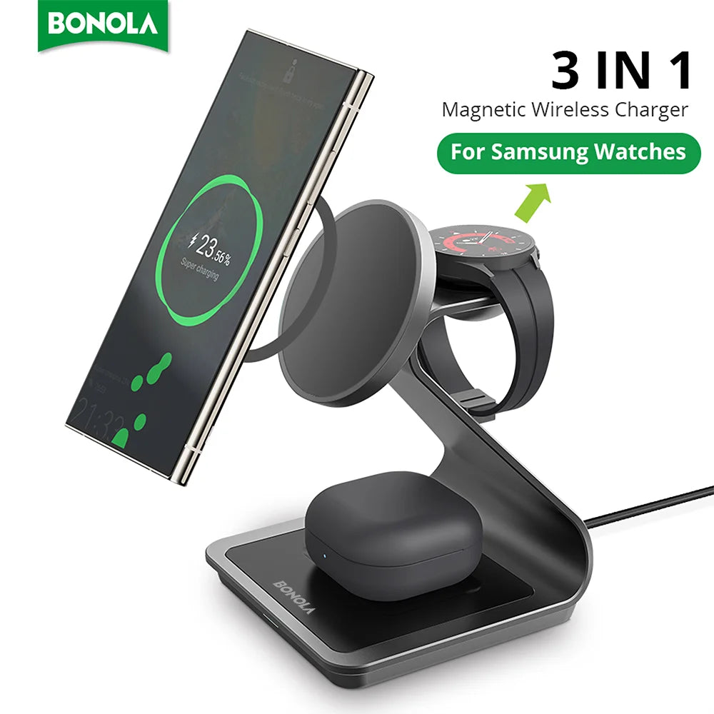 Bonola Magnetic 3 In 1 Wireless Charger Station For Samsung Galaxy S24 Ultra S25 25W Fast Charging Stand Watch Earbuds