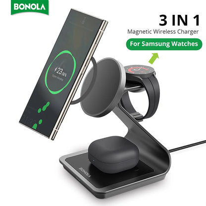 Bonola Magnetic 3 In 1 Wireless Charger Station For Samsung Galaxy S24 Ultra S25 25W Fast Charging Stand Watch Earbuds