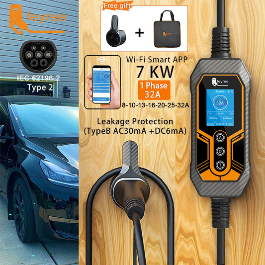 Feyree Portable EV Charger Type 2 32 Amp 7 kW EVSE With Wi Fi App Control Smart Timing Adjustable Current For Home Use