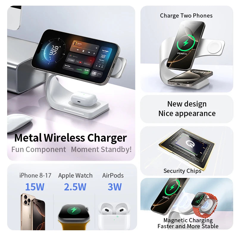 4 in 1 Magnetic Wireless Charger Station 15W Fast Charging Metal Shell for iPhone 12 to 17 AirPods and Apple Watch