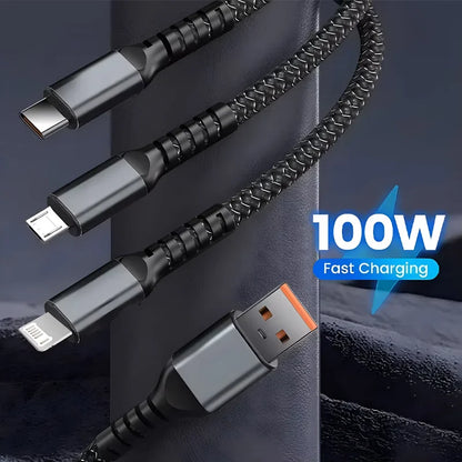 3 In 1 100W Fast Charging Cable with Transparent Pilot Lamp - Type C, Micro USB, Lightning for iPhone, Samsung, Huawei, Xiaomi
