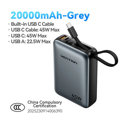 Vention 20000mAh Power Bank 45W Fast Charging Portable Charger For Xiaomi iPhone Pro Max Samsung Galaxy