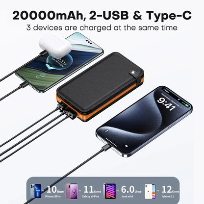 TUODES 20000mAh Solar Power Bank 4 Solar Panels Waterproof Battery Portable Charger for iPhone Xiaomi Samsung Huawei