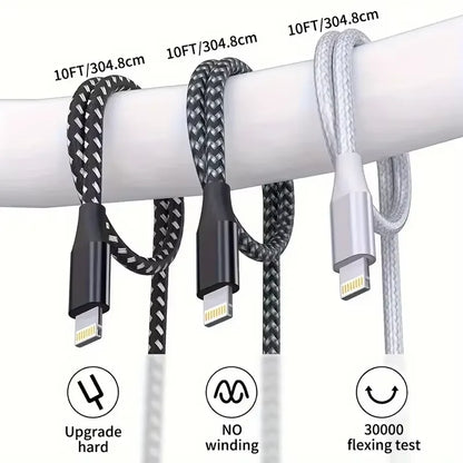 MEIHUAMEII MFi Certified 5 Pack 10ft Nylon Braided iPhone Lightning Cables Fast Charging and Data Transfer 2.4A