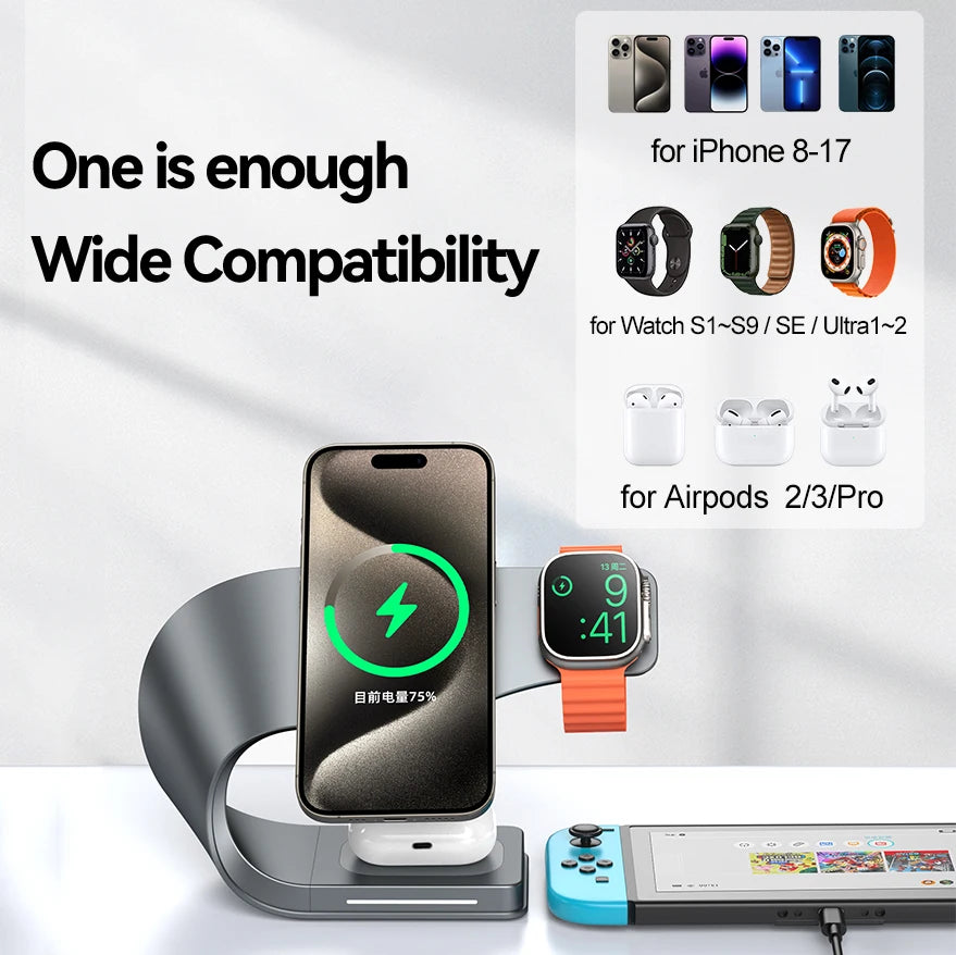 4 in 1 Magnetic Wireless Charger Station 15W Fast Charging Metal Shell for iPhone 12 to 17 AirPods and Apple Watch