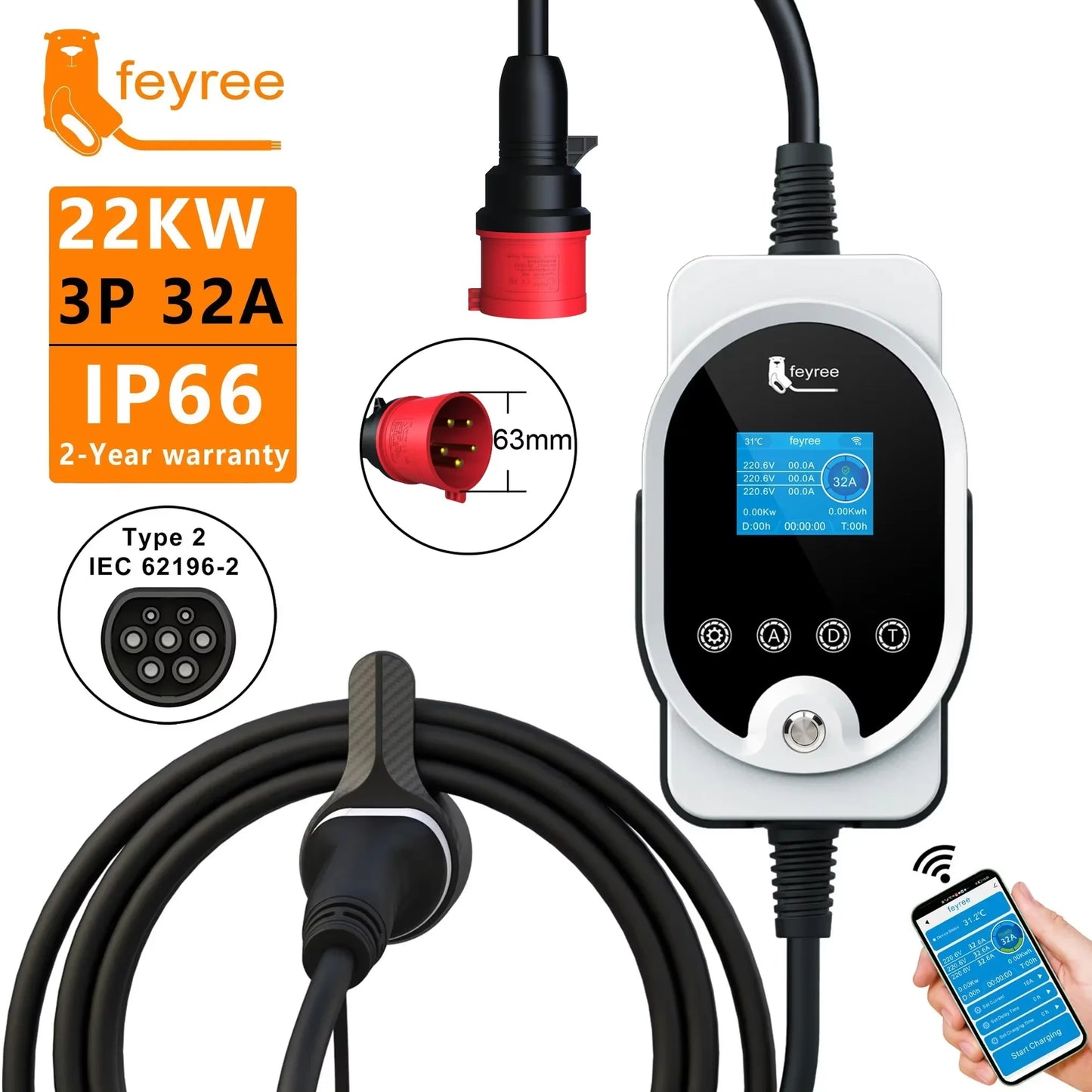 Feyree Type 2 EV Charger Wallbox 32A 1P And 3P With Smart App WiFi Control IP66 5m Cable Wall Mounted