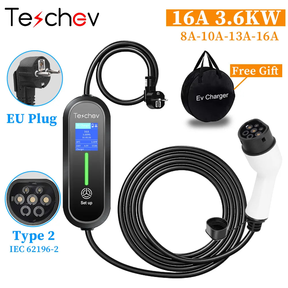 Teschev Portable Type 2 EV Charger IEC 62196 3.5 KW 16 A 1 Phase EVSE Wallbox Charging Station