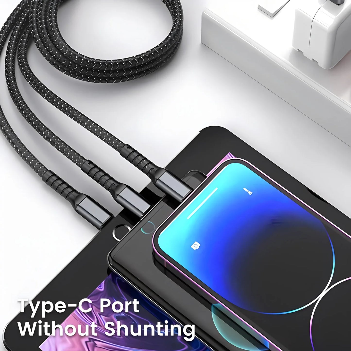3 In 1 100W Fast Charging Cable with Transparent Pilot Lamp - Type C, Micro USB, Lightning for iPhone, Samsung, Huawei, Xiaomi