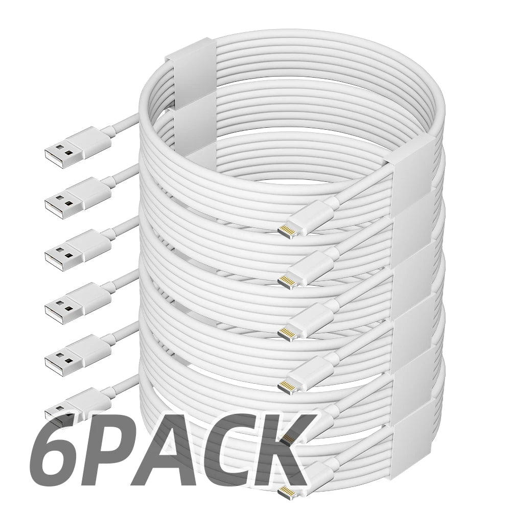 6 Pack 6 Foot Fast Charging USB Cables For iPhone Lightning Cable Compatible With iPhone 3A High Speed Charging Cord