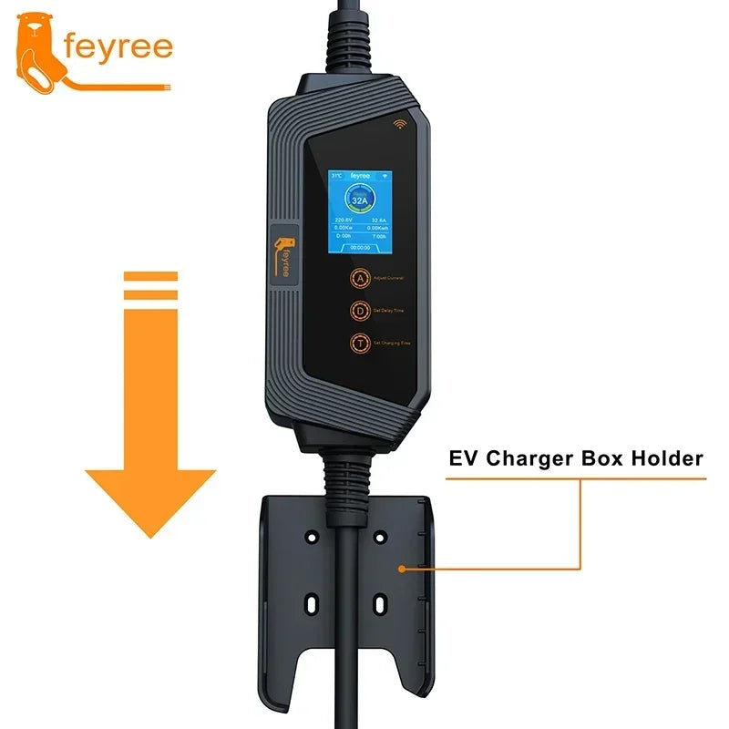 Feyree Type 2 EV Charger 32A 7kW Portable with Smart App WiFi Control 5m Cable IP66 Holder Included