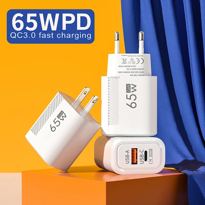 65W GaN USB Type C Charger PD 3.0 Quick Charge Wall Charger With US EU Plugs For iPhone Samsung