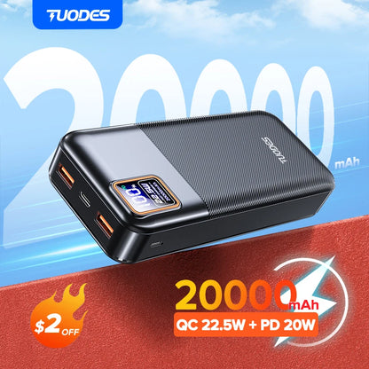 Tuodes 20000mAh Power Bank PD 20W Fast Charging Portable Charger For IPhone Samsung Xiaomi