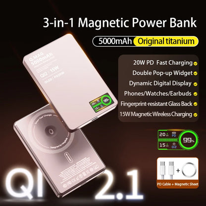 Qi 2.1 Magnetic Power Bank 5000mAh 10000mAh Wireless Fast Charging For iPhone 12 To 17 Pro Watch AirPods 3 In 1 Battery