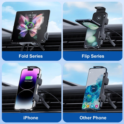 Car Wireless Charger Dual Coil Fold Screen Fast Charging For Samsung Galaxy Z Fold 5 6 And Flip 3 4 With Air Vent Holder