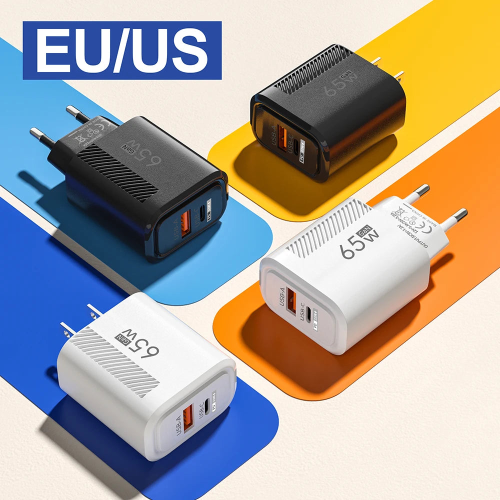 65W GaN USB Type C Charger PD 3.0 Quick Charge Wall Charger With US EU Plugs For iPhone Samsung