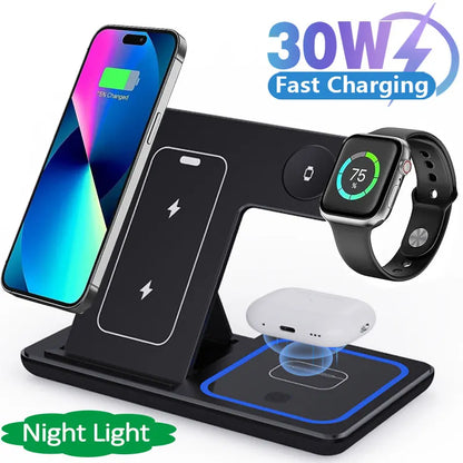 30W LED Fast Wireless Charger Stand 3 In 1 Foldable Charging Dock For iPhone 11 To 15 Apple Watch AirPods Pro