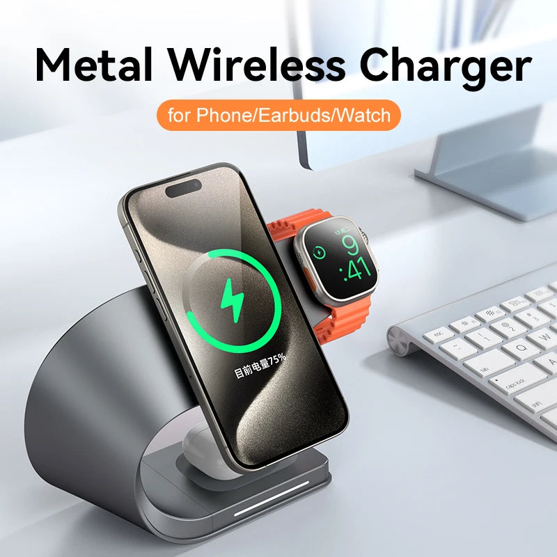 4 in 1 Magnetic Wireless Charger Station 15W Fast Charging Metal Shell for iPhone 12 to 17 AirPods and Apple Watch