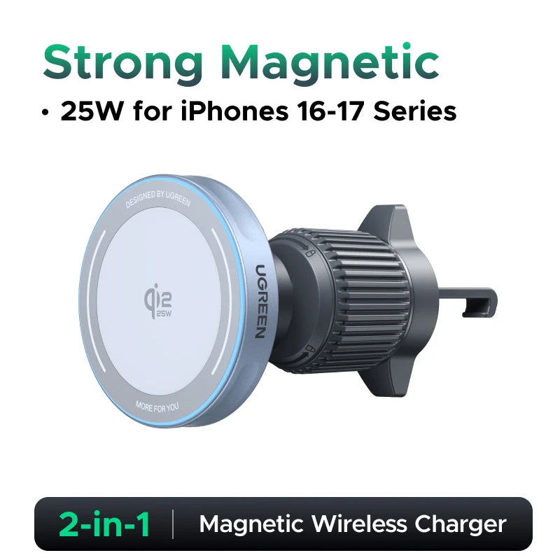 UGREEN Qi2 Magnetic Car Phone Holder Wireless Charger Stand 25W 15W For iPhone 17 16 15 Pro Max MagSafe