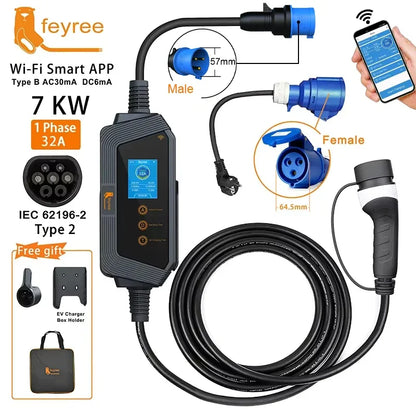 Feyree Type 2 EV Charger 32A 7kW Portable with Smart App WiFi Control 5m Cable IP66 Holder Included