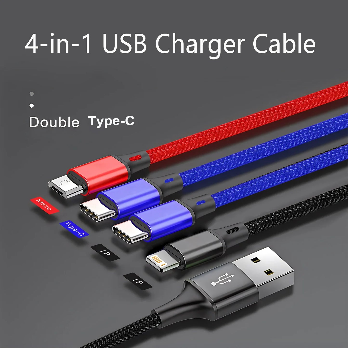Amzwn 4 In 1 Multi Charger Cable For iPhone 15 14 13 Pro Max Mini Android Huawei Type C Micro USB Fast Charge Cable