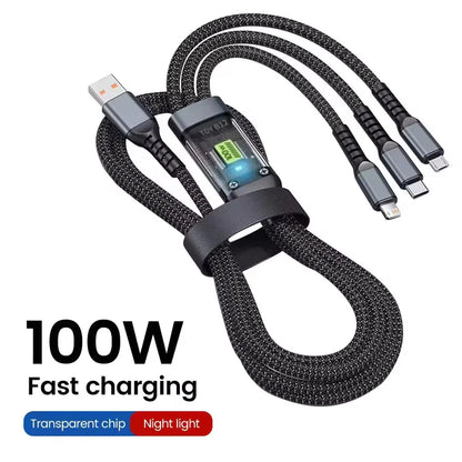 3 In 1 100W Fast Charging Cable with Transparent Pilot Lamp - Type C, Micro USB, Lightning for iPhone, Samsung, Huawei, Xiaomi