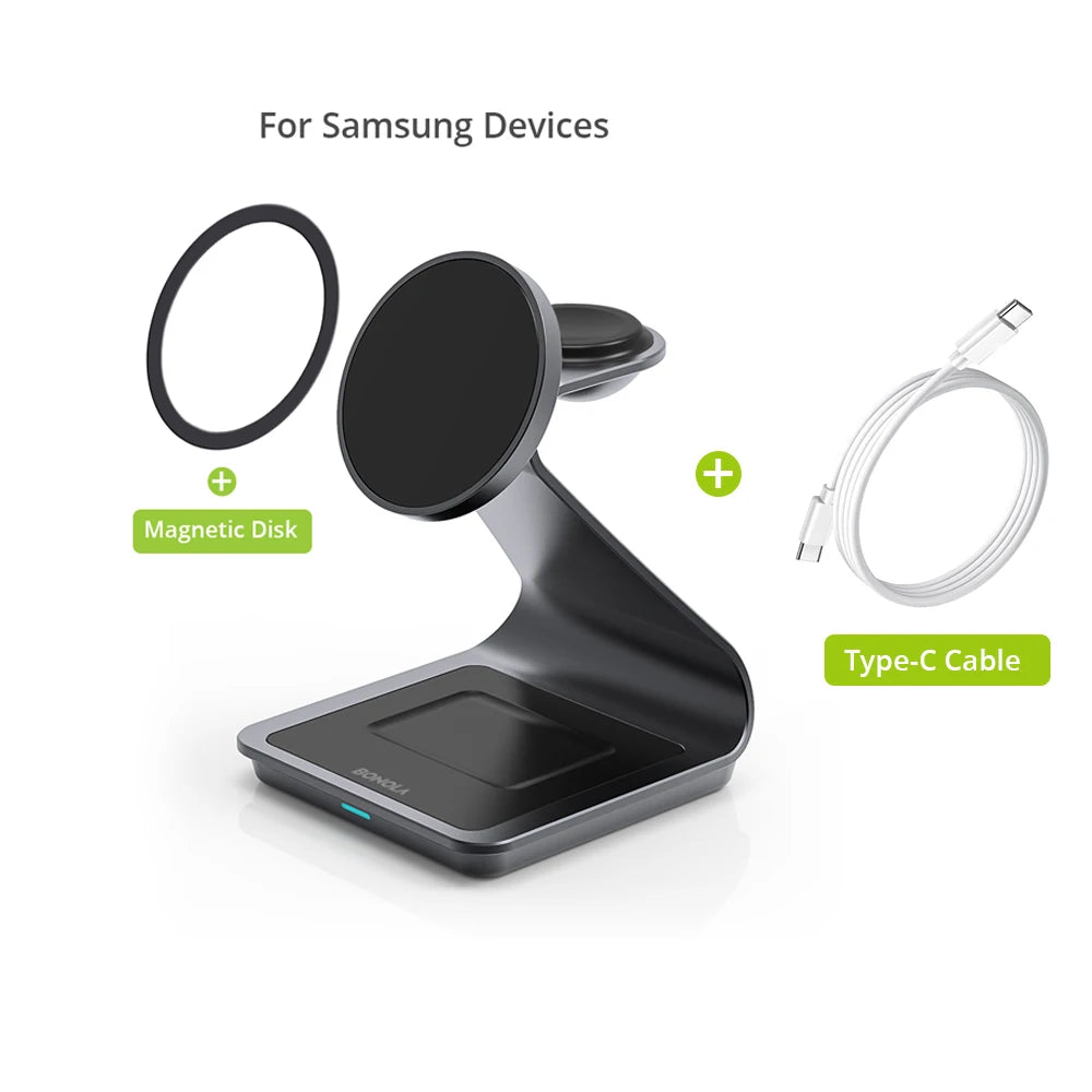 Bonola Magnetic 3 In 1 Wireless Charger Station For Samsung Galaxy S24 Ultra S25 25W Fast Charging Stand Watch Earbuds