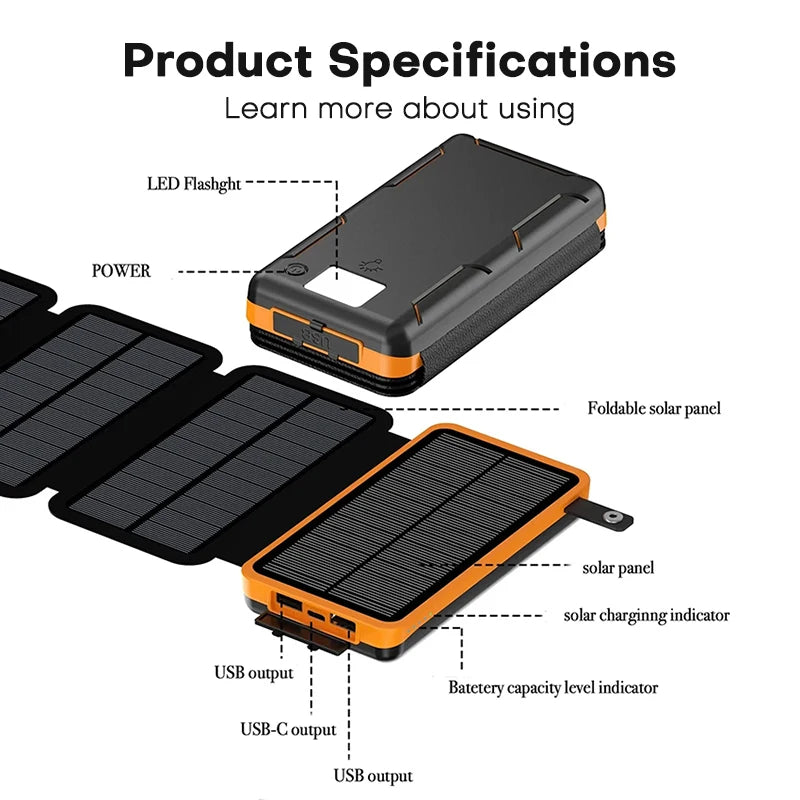 TUODES 20000mAh Solar Power Bank 4 Solar Panels Waterproof Battery Portable Charger for iPhone Xiaomi Samsung Huawei