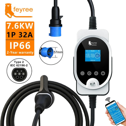 Feyree Type 2 EV Charger Wallbox 32A 1P And 3P With Smart App WiFi Control IP66 5m Cable Wall Mounted