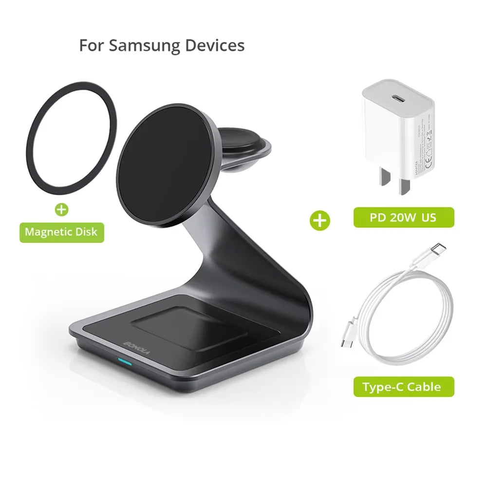 Bonola Magnetic 3 In 1 Wireless Charger Station For Samsung Galaxy S24 Ultra S25 25W Fast Charging Stand Watch Earbuds