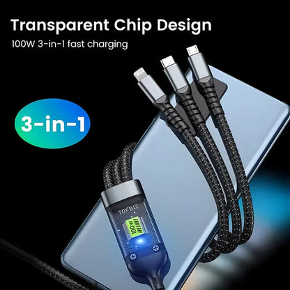 3 In 1 100W Fast Charging Cable with Transparent Pilot Lamp - Type C, Micro USB, Lightning for iPhone, Samsung, Huawei, Xiaomi