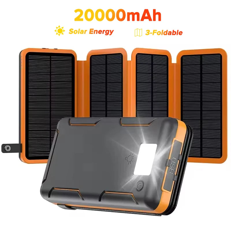 TUODES 20000mAh Solar Power Bank 4 Solar Panels Waterproof Battery Portable Charger for iPhone Xiaomi Samsung Huawei