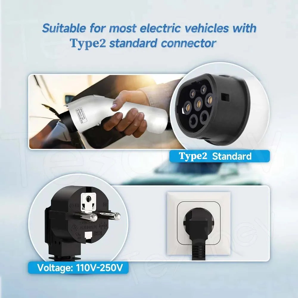 Teschev Portable Type 2 EV Charger IEC 62196 3.5 KW 16 A 1 Phase EVSE Wallbox Charging Station