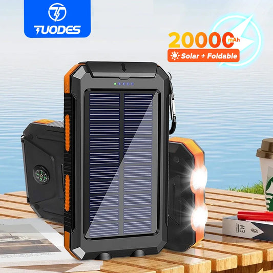 TUODES 20000mAh Solar Power Bank Capacity Waterproof Portable Charger With Solar Panel For iPhone Huawei Samsung Xiaomi