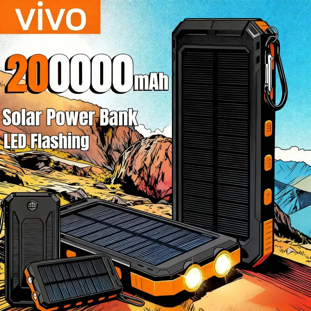 VIVO 200000mAh Waterproof Outdoor Solar Power Bank With Dual USB Charger For Camping And Travel