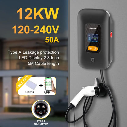 IPENGEN Type1 EV Charger Station 32A 40A 50A EVSE Wallbox With App Control 7.6kW 9.6kW 12kW IP55 ABS 5m Cable